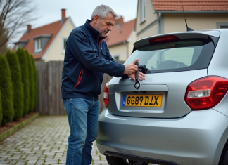 Refaire plaque d’immatriculation : meilleures solutions en France Homme attachant une plaque d'immatriculation sur une voiture