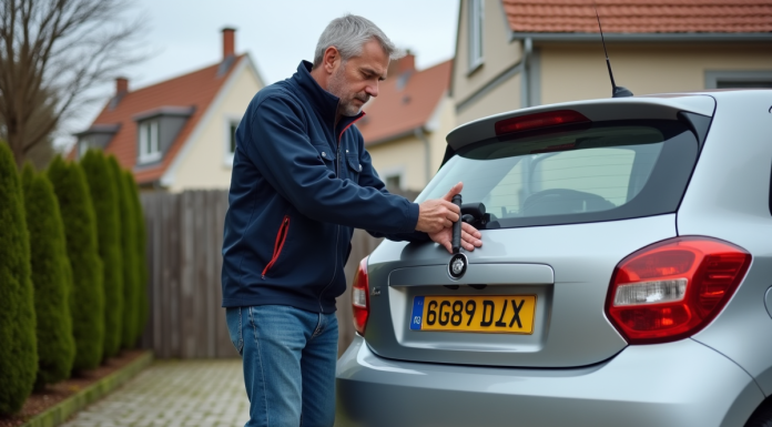 Refaire plaque d’immatriculation : meilleures solutions en France Homme attachant une plaque d'immatriculation sur une voiture