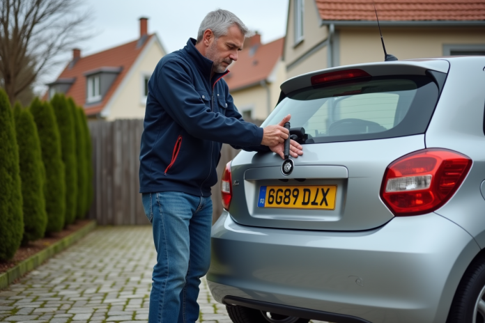 homme-attache-plaques-voiture Homme attachant une plaque d'immatriculation sur une voiture
