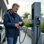 Autonomie des véhicules électriques : vers une meilleure performance ? Homme d'âge moyen vérifiant sa smartwatch près d'une voiture électrique en charge