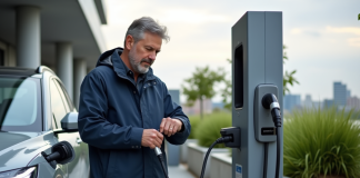 Homme d'âge moyen vérifiant sa smartwatch près d'une voiture électrique en charge