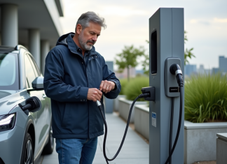 Autonomie des véhicules électriques : vers une meilleure performance ? Homme d'âge moyen vérifiant sa smartwatch près d'une voiture électrique en charge