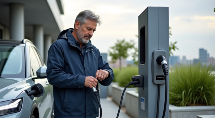 Autonomie des véhicules électriques : vers une meilleure performance ? Homme d'âge moyen vérifiant sa smartwatch près d'une voiture électrique en charge
