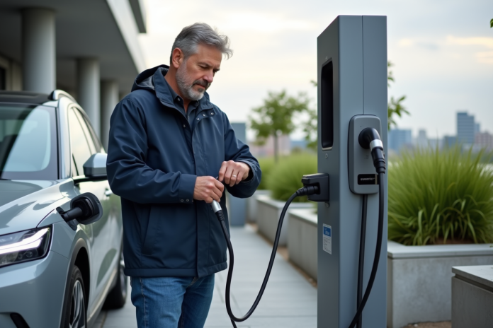 Homme d'âge moyen vérifiant sa smartwatch près d'une voiture électrique en charge