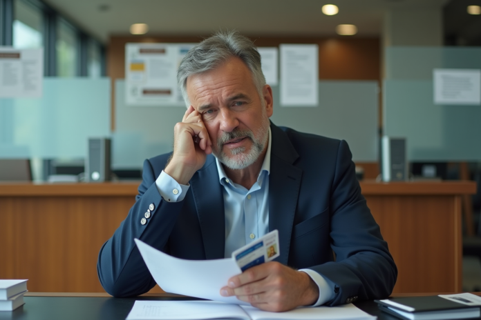 homme-gestion-papiers-licence Homme d'âge moyen en costume dans un bureau administratif