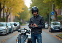 Conduire un 125 sans permis : règles et conditions à respecter Homme en moto scooter dans une rue urbaine calme