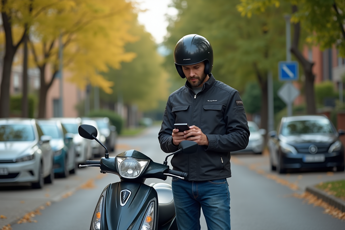 Homme en moto scooter dans une rue urbaine calme
