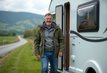 Camping-car avec permis B : quel est le plus grand à conduire ? Homme souriant sortant d'un campingcar blanc dans la campagne