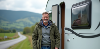 Camping-car avec permis B : quel est le plus grand à conduire ? Homme souriant sortant d'un campingcar blanc dans la campagne
