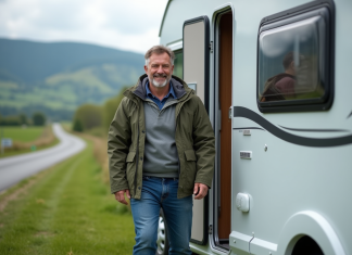 Camping-car avec permis B : quel est le plus grand à conduire ? Homme souriant sortant d'un campingcar blanc dans la campagne