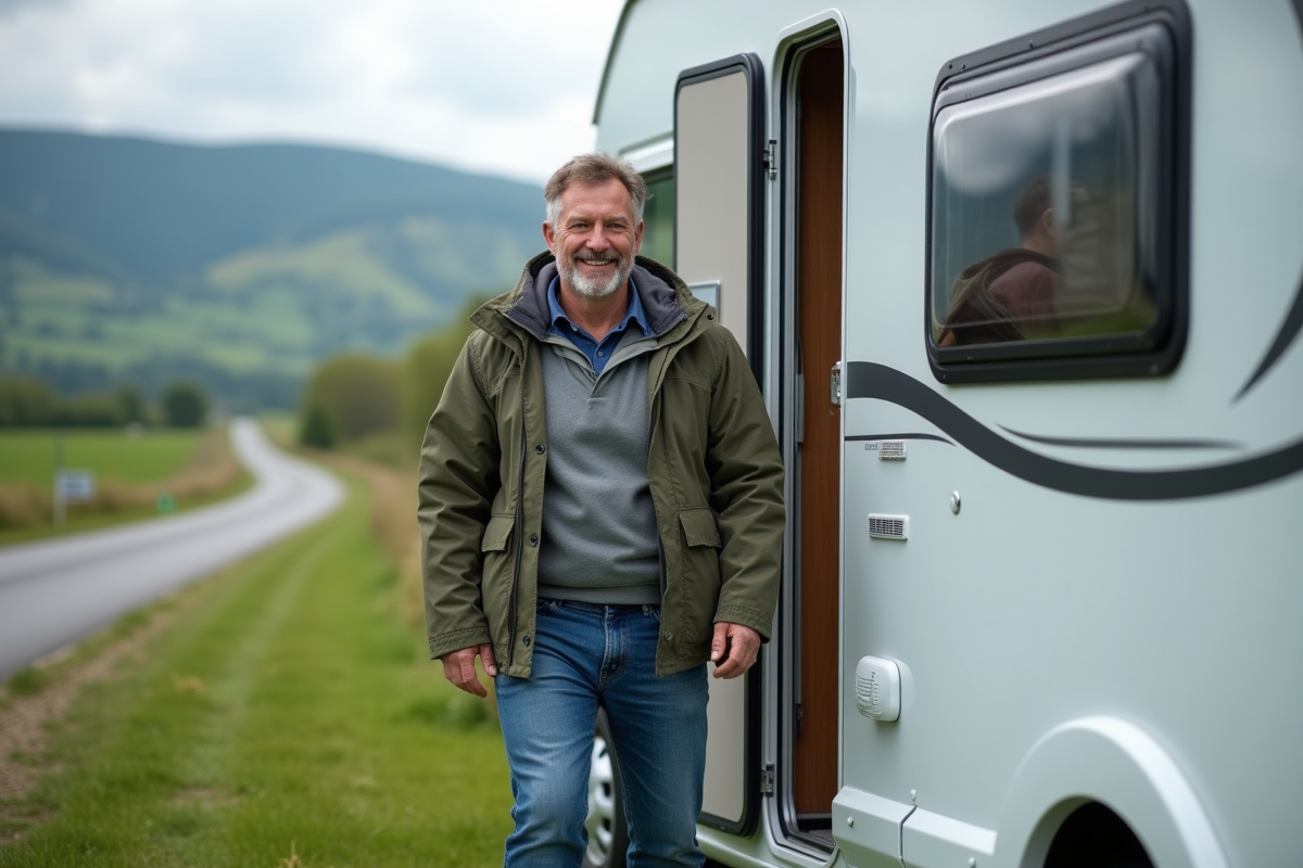 Homme souriant sortant d'un campingcar blanc dans la campagne