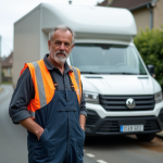 Homme en overalls près d'une camionnette dans un village français