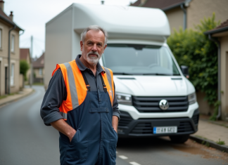 Homme en overalls près d'une camionnette dans un village français