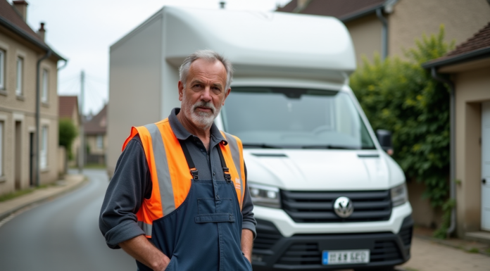 Homme en overalls près d'une camionnette dans un village français