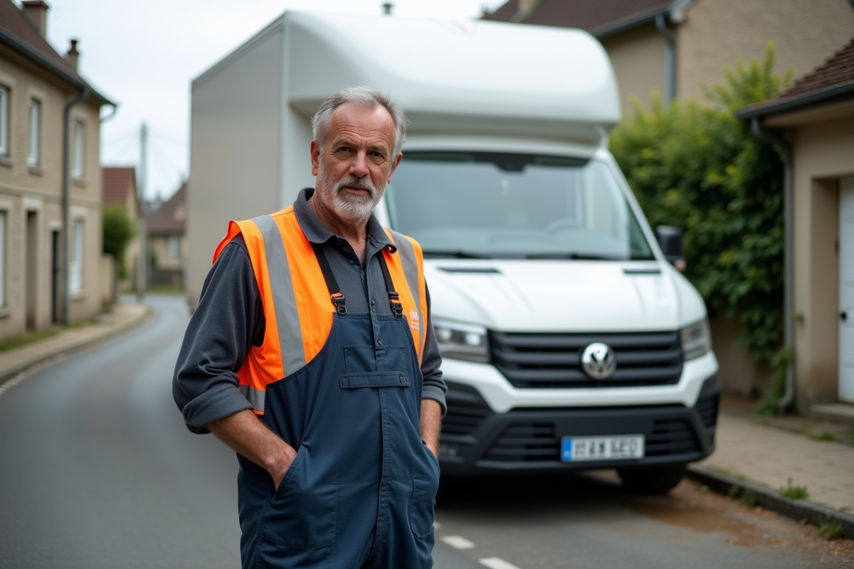 Homme en overalls près d'une camionnette dans un village français