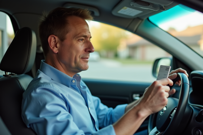 Homme d'âge moyen avec permis de conduire en main dans sa voiture