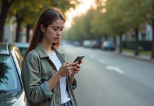 Prime covoiturage : raisons de non réception et solutions à ce problème Jeune femme regardant son smartphone à côté d'une voiture