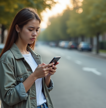 Prime covoiturage : raisons de non réception et solutions à ce problème Jeune femme regardant son smartphone à côté d'une voiture