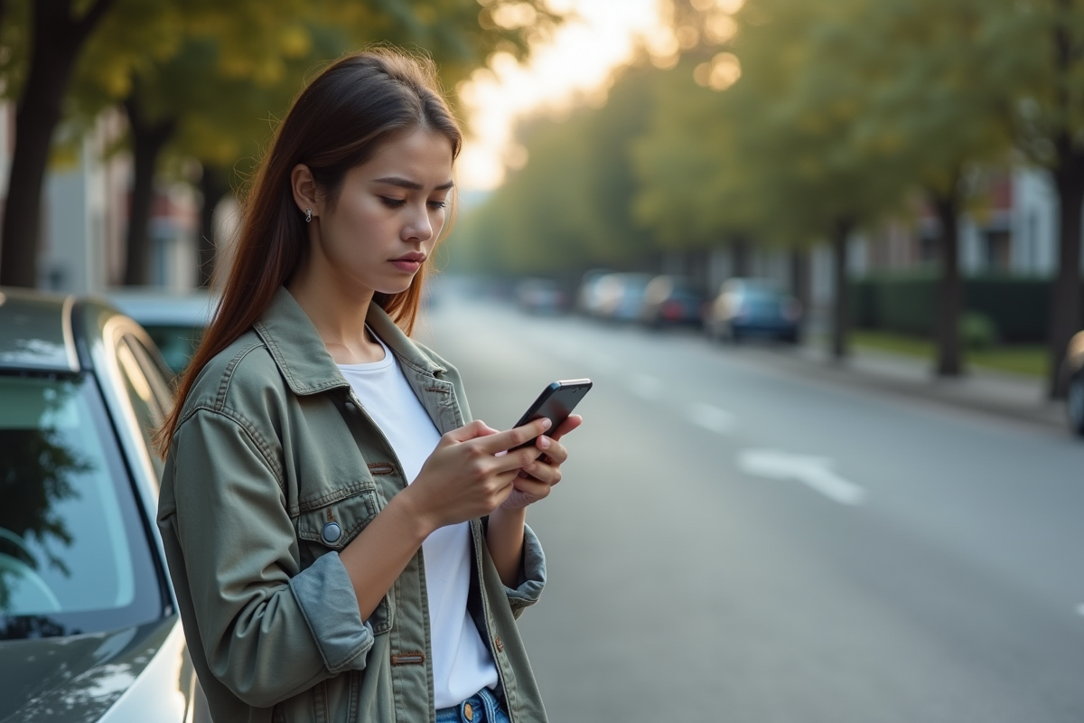 Jeune femme regardant son smartphone à côté d'une voiture
