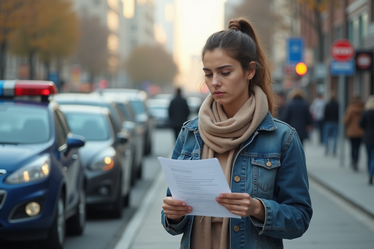 Jeune femme regardant un document près de sa voiture en ville
