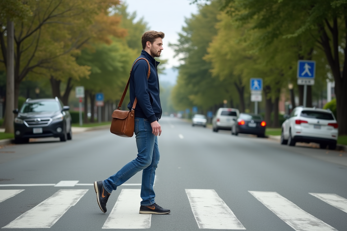 Jeune homme en jeans traverse prudemment un passage pieton