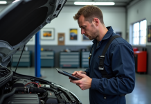 Guide de réparation pour le code DTC P0380 sur Renault Mécanicien homme inspectant un moteur Renault dans un garage