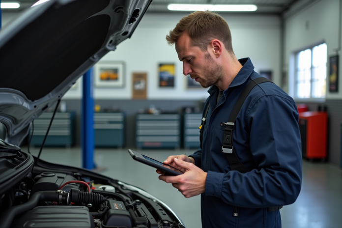 mecanicien-reparation-voiture-renault Mécanicien homme inspectant un moteur Renault dans un garage