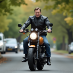 Motard homme en textile montant une moto classique en ville