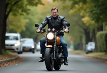 Moto : pourquoi monter du côté gauche ? Avantages et singularités Motard homme en textile montant une moto classique en ville