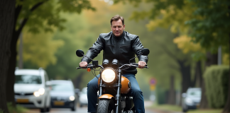 Moto : pourquoi monter du côté gauche ? Avantages et singularités Motard homme en textile montant une moto classique en ville