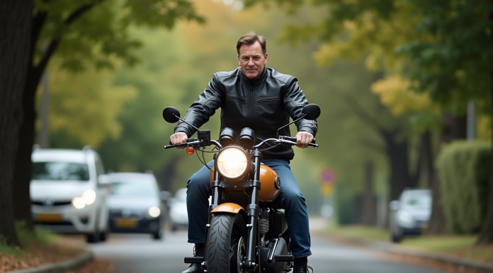 Motard homme en textile montant une moto classique en ville