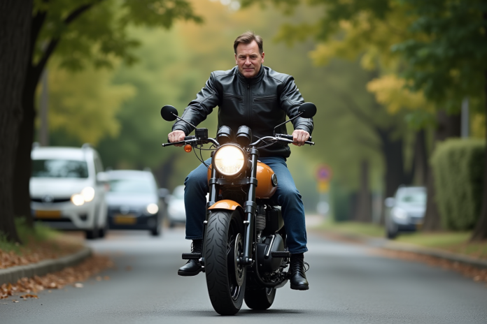 motard-classique-montant-moto Motard homme en textile montant une moto classique en ville