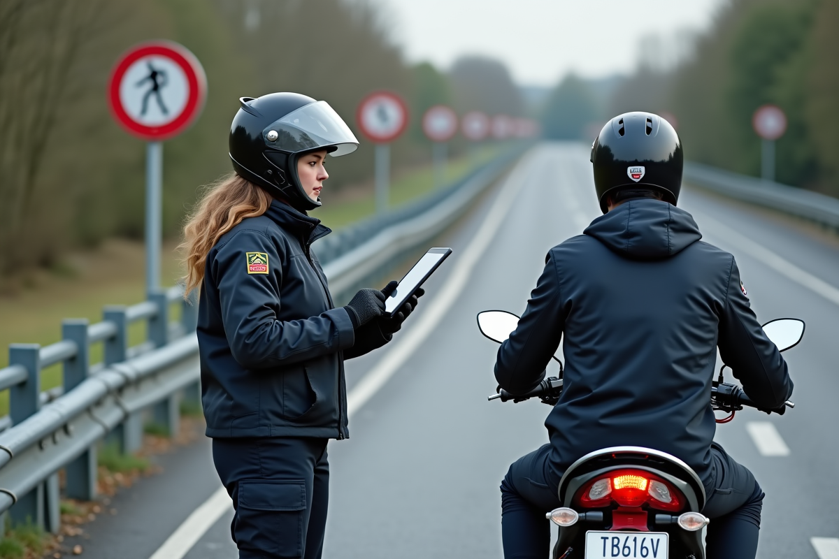 Agent de police vérifiant un motard lors d’un contrôle routier