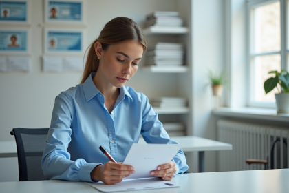 Femme remplissant un formulaire dans une administration française