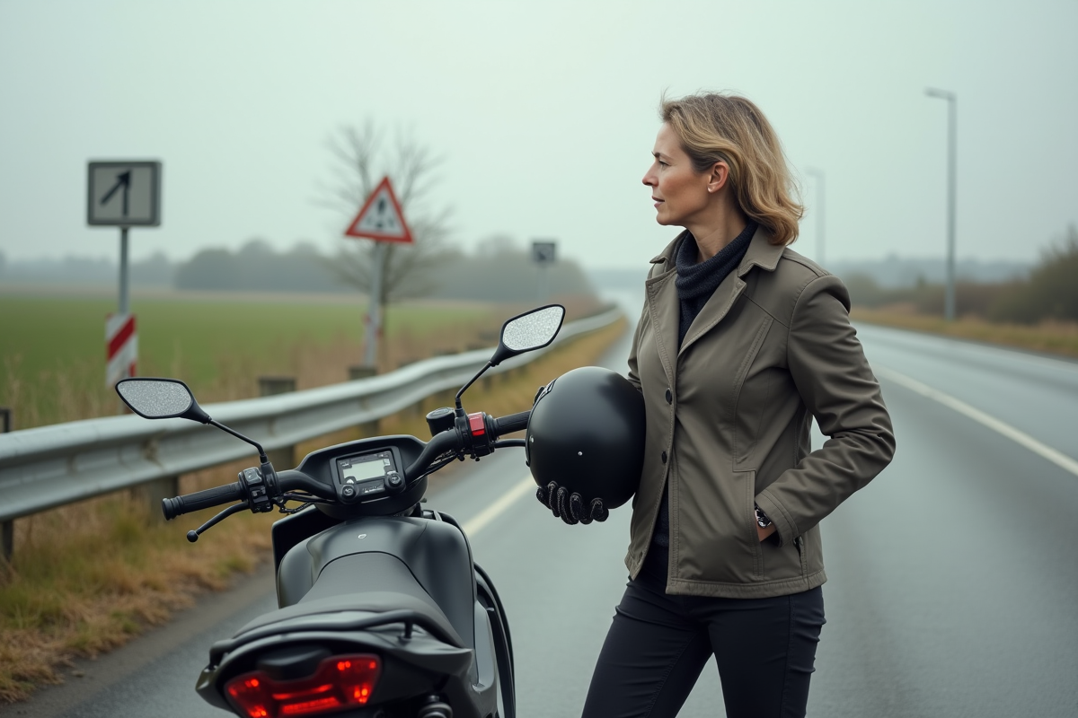 Femme à moto au repos près de l