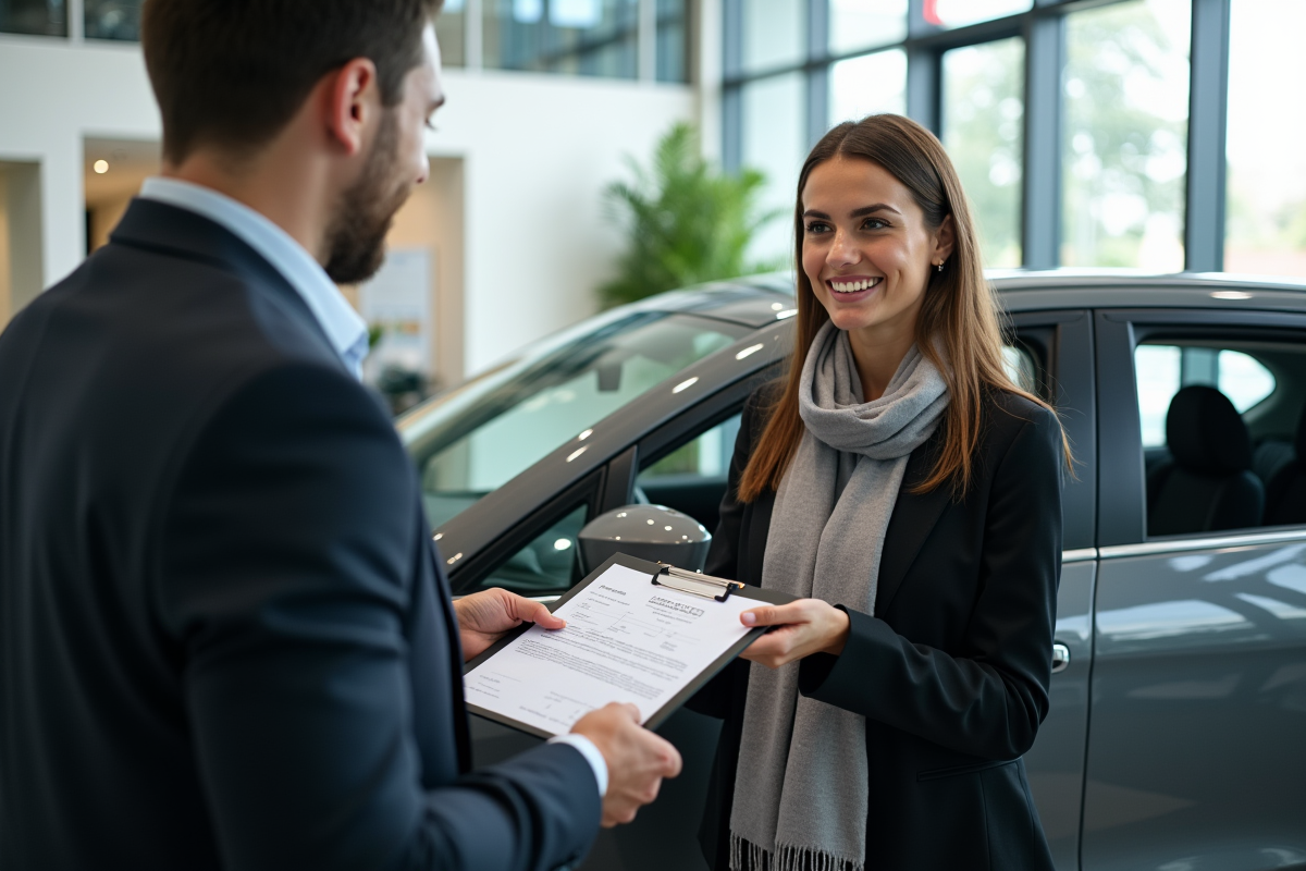 Femme remettant une carte grise à un vendeur