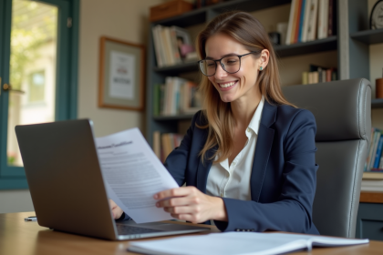 Femme souriante en bureau pour assurance annulation