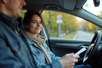 Jeune femme dans sa voiture présente ses papiers à un policier