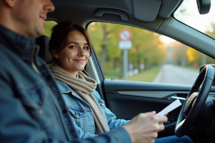 Jeune femme dans sa voiture présente ses papiers à un policier