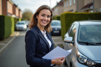 Femme souriante avec documents de voiture devant une voiture compacte