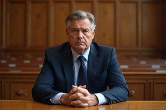 Homme en costume dans un tribunal, visage inquiet