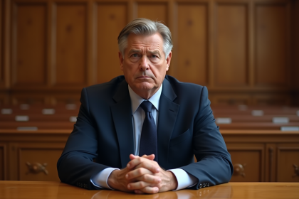 Homme en costume dans un tribunal, visage inquiet