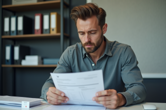 Homme concentré examinant documents de voiture