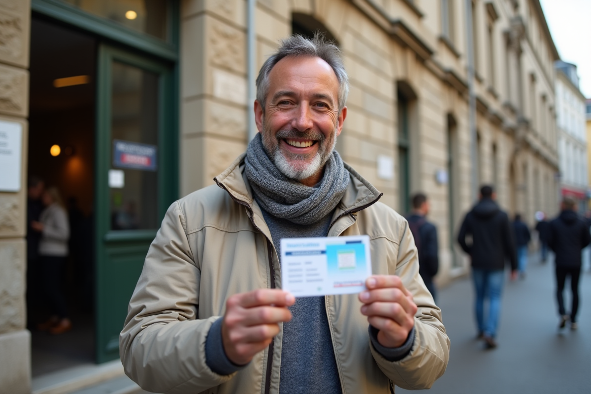 Homme tenant son permis de conduire devant la préfecture