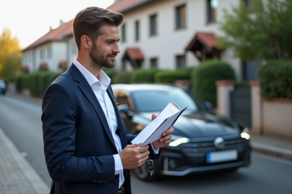 Homme en costume regardant une voiture moderne sur une rue résidentielle