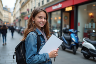Jeune fille souriante avec papiers et clé voiture en ville