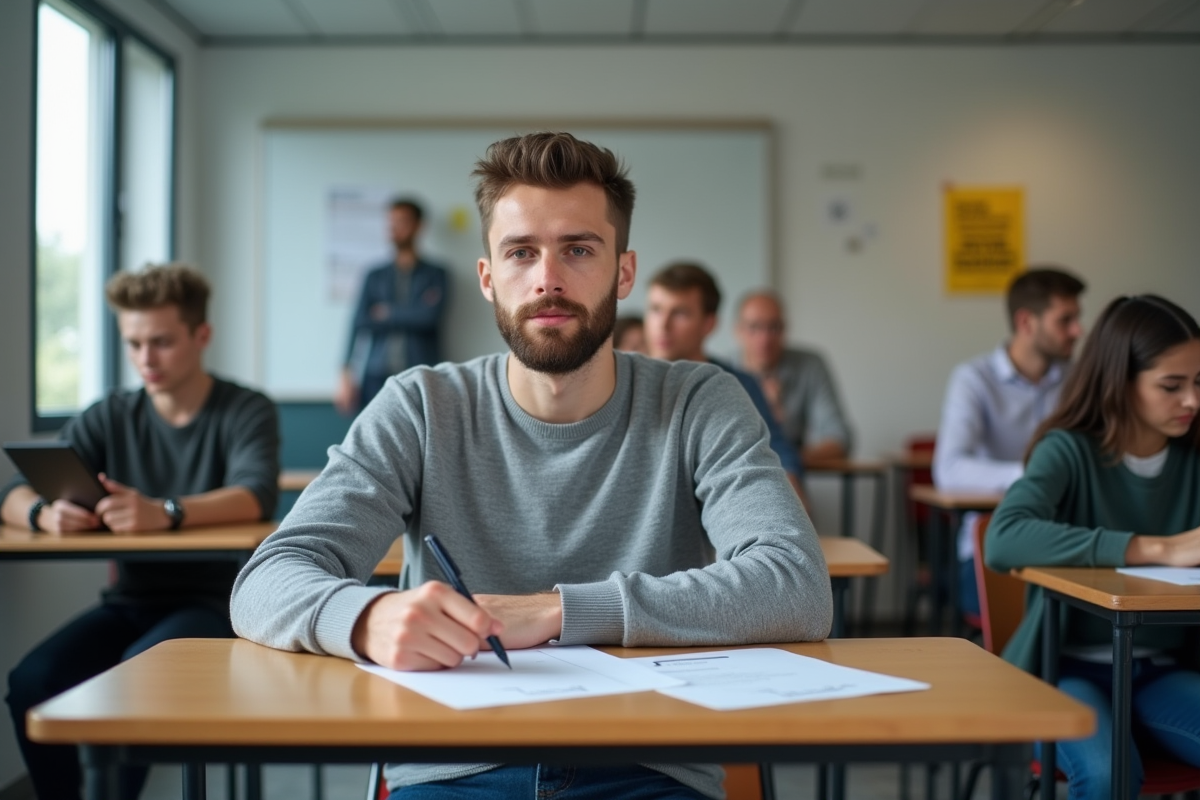 Jeune homme inscrivant dans une salle de cours de conduite