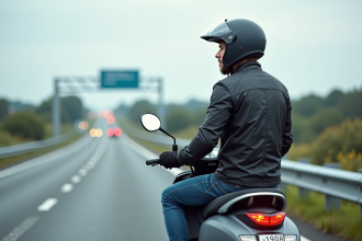 Jeune homme en moto scooter sur l'autoroute en France