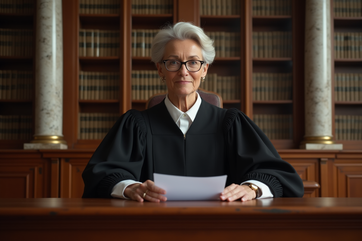 Juge en robe noire examinant des documents dans la salle