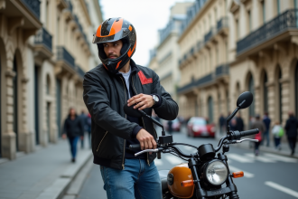 Jeune motard en jeans et veste noire retire son casque coloré